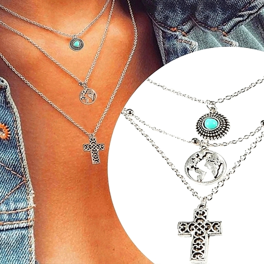 Women's Layered Cross Turquoise Pendant Adjustable‎ Necklace